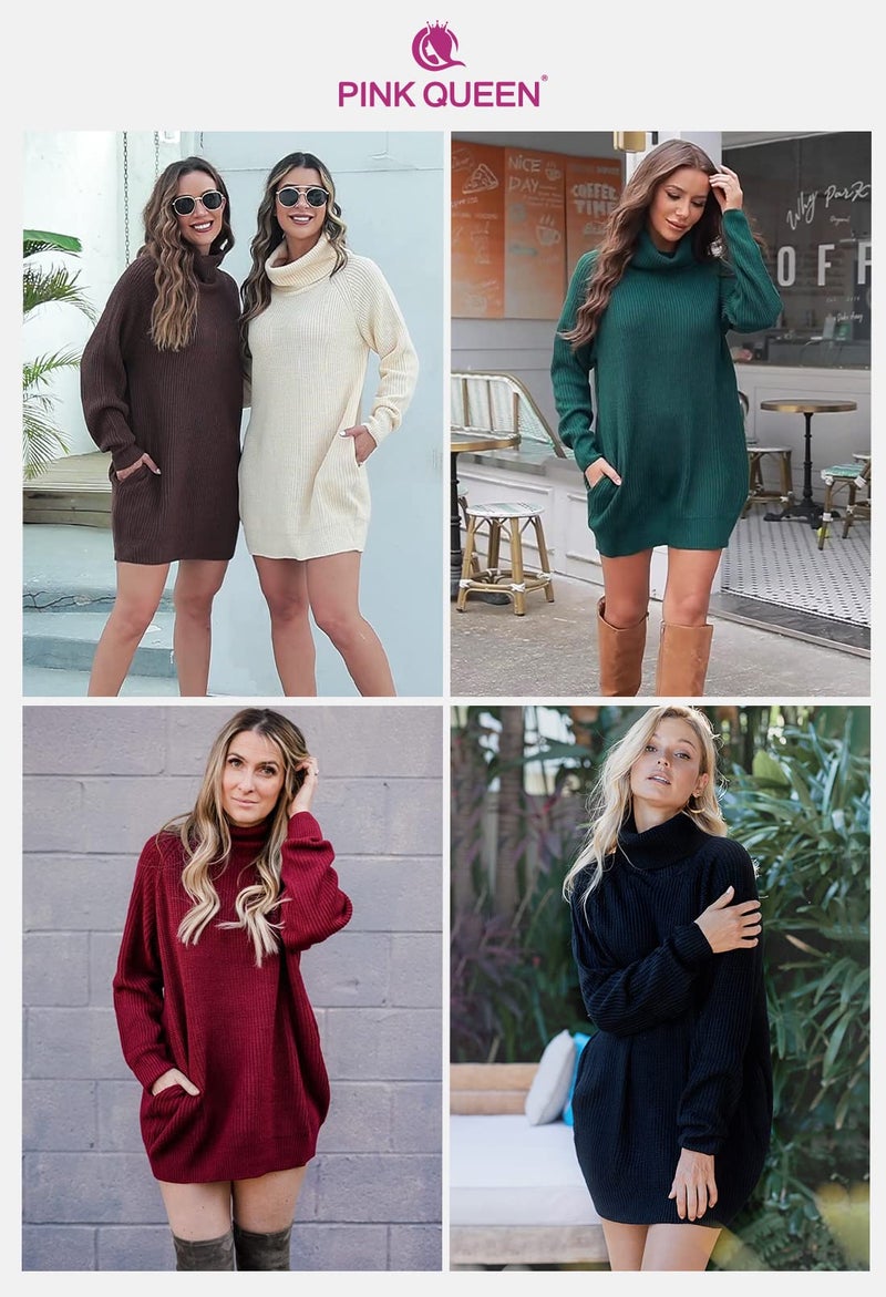 Pink Queen Women's Loose Turtleneck Oversize Long Pullover Sweater Dress Wine Red XL - Image 5